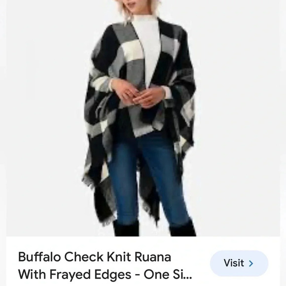 poncho wrap Buffalo check knit with frayed edges, neck-hem=27”  no content tag - Picture 1 of 10
